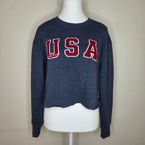 Lucky Brand Blue Cropped USA Sweatshirt Retro Americana Rolled Hem S